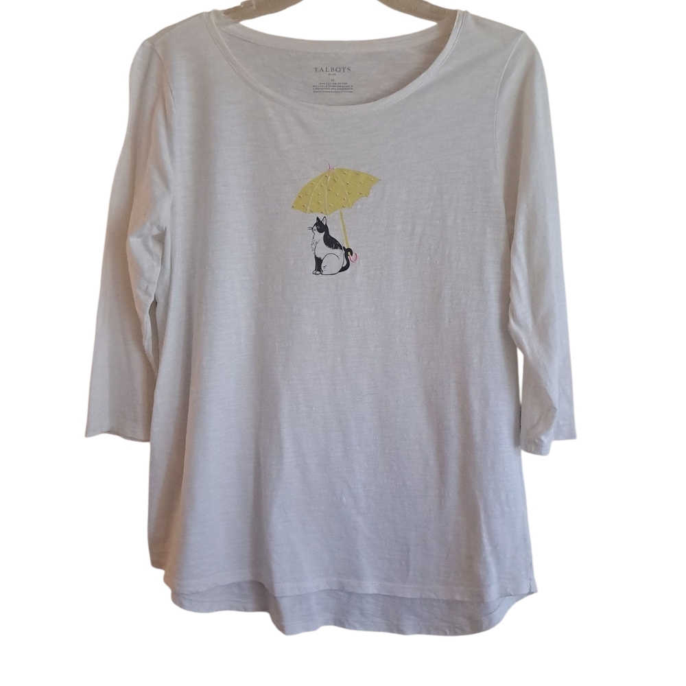 Talbots White Top with Cat and Yellow Umbrella Design